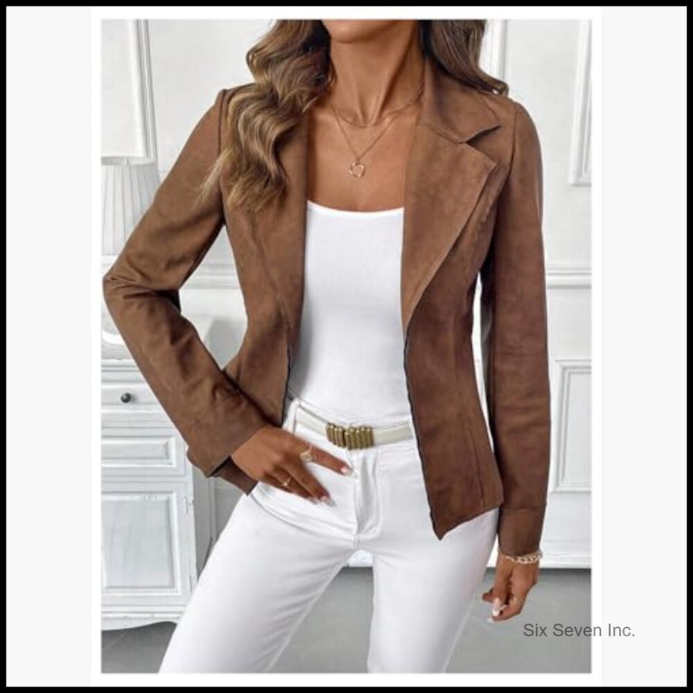 Faux Suede Blazer Jacket with Notch Collar and Open Front - Picture 5 of 5